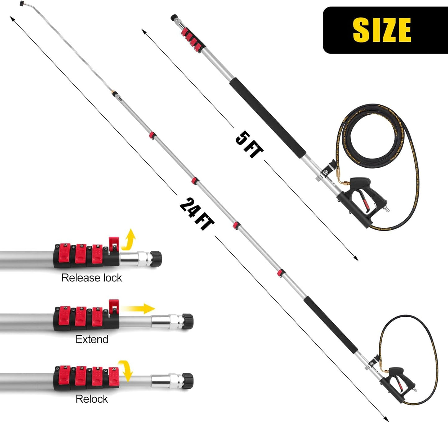 24 FT Telescoping Pressure Washer Wand with Power Washer Extension Wand, Gutter Cleaner Attachment, 4 Adapters, 7 Spray Nozzles & Support Belt Pressure Washer Extension Pole for Wall Roof Gutter-VerdiqueGarden