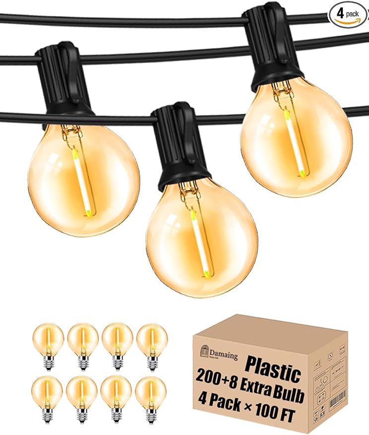DAMAING Outdoor String Lights 400FT Patio Lights with 208 shatterproof G40 dimmable Globe LED Bulb, Waterproof connectable Outdoor Lighting for Backyard Porch Balcony gazobo, 4-Pack 100FT,Black-VerdiqueGarden