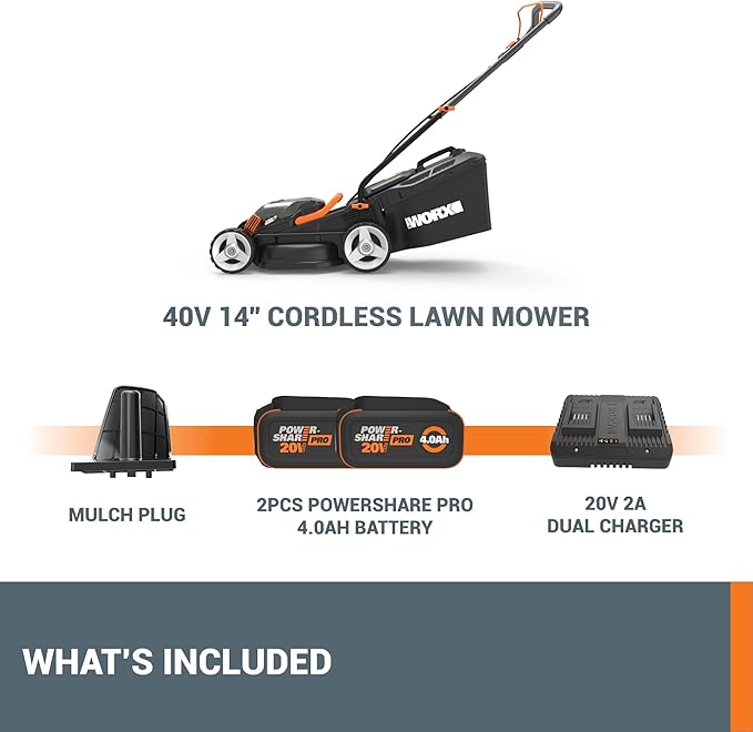 WORX 40V 14" Cordless Lawn Mower for Small Yards, 2-in-1 Electric Mower Cuts Quietly, Compact & Lightweight Push Lawn Mower with 6-Position Height Adjustment WG779 – 2 Batteries & Charger Included-VerdiqueGarden