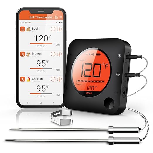BFOUR Meat Thermometer Wireless Bluetooth, LCD Digital Meat Thermometer with Dual Probe, Wireless Remote BBQ Thermometer for Smoker Kitchen Cooking Grill Thermometer for Grilling BBQ Oven-VerdiqueGarden