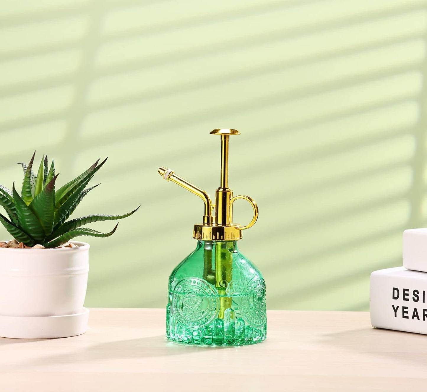 Glass Plant Mister Spray Bottle, 6.5" Green Glass Water Spray Bottle with Gold Top Pump Small Watering Can, Small Plant Sprayer Mister for Indoor Outdoor House, Green+Gold (Green+Gold D)-VerdiqueGarden