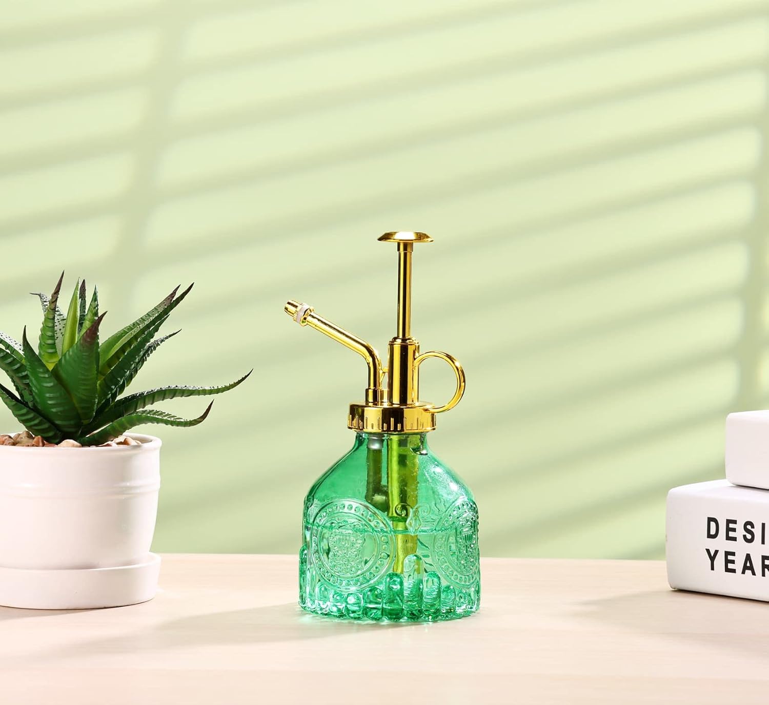 Glass Plant Mister Spray Bottle, 6.5" Green Glass Water Spray Bottle with Gold Top Pump Small Watering Can, Small Plant Sprayer Mister for Indoor Outdoor House, Green+Gold (Green+Gold D)-VerdiqueGarden