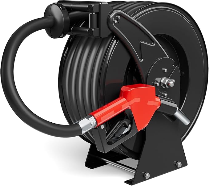 Fuel Hose Reel 3/4" x 50FT Retractable Diesel Hose Reel 300PSI Ratchet Spring Driven Hose Holder Reel Heavy Duty Industrial Steel with Fueling Nozzle for Aircraft Tank Truck Trailer Ship, Black-VerdiqueGarden