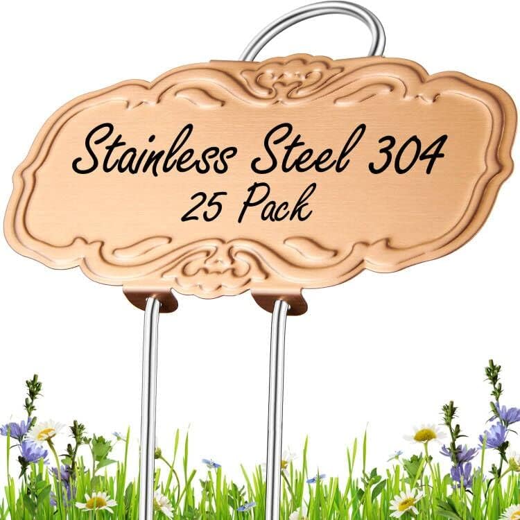 Updated Metal Plant Labels for Garden, 25 Pack Stainless Steel DIY Plant Markers Waterproof for Flowers Pots, Vegetables, Seedlings, Seed (Gold Rose)-VerdiqueGarden