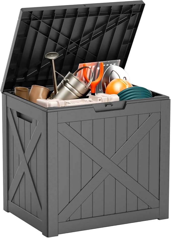 32 Gallon Outdoor Deck Box,Storage Lockable Waterproof Patio Furniture,Garden Tools,Cushions,Pool Accessories Outside Storage Resin Box(Blackn)-VerdiqueGarden