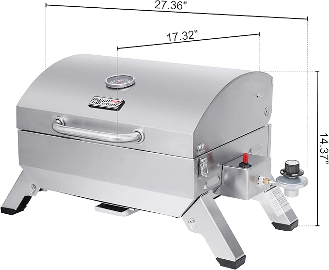 Royal Gourmet GT1001 Stainless Steel Portable Grill, 10000 BTU BBQ Tabletop Gas Grill with Folding Legs and Lockable Lid, Outdoor Camping, Deck and Tailgating, Silver-VerdiqueGarden