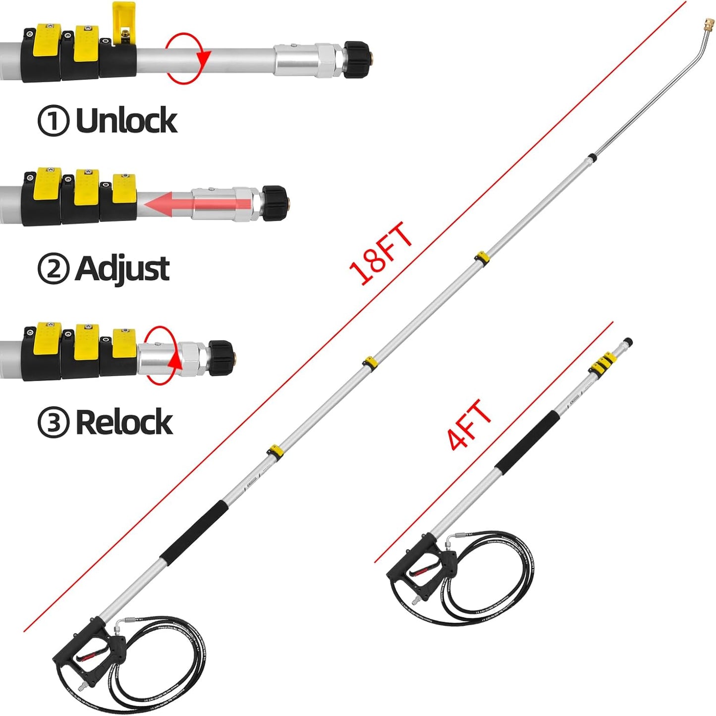 18 FT Telescoping Pressure Washer Wand with Power Washer Extension Wand, Gutter Cleaner Attachment, 5 Spray Nozzle Tips and 2 Hose Inlet Adapters-VerdiqueGarden