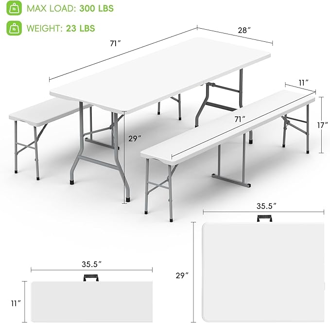 HLPB Folding Table Picnic Table Set, 6 ft Camping Table with 2 Benches, Outdoor Indoor Portable Folding Furniture for Working Meeting Party, Camping, Picnic, Weddings w/Handle and Safety Locks, White-VerdiqueGarden