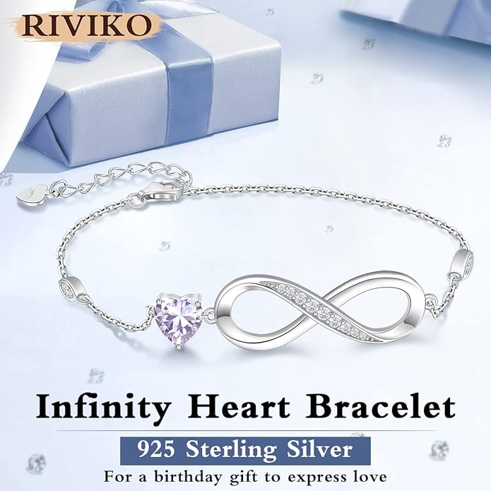 RIVIKO Infinity Love Heart Symbol Charm Bracelet for Women 925 Sterling Silver Adjustable Birthday Valentine’s Day Christmas Mothers Day Jewelry Gift for Mom Women Wife Her Friends