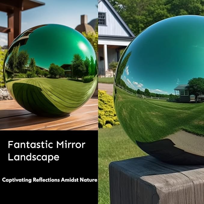 10 Inch Stainless Steel Gazing Globe,v2croft Hollow Ball Mirrored Surface Polished Shiny Sphere,Garden Stainless Steel Gazing Ball for Outdoor Lawn Pond Yard Ornament(Green)-VerdiqueGarden