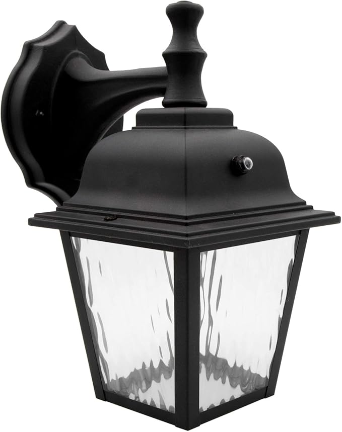 Maxxima LED Porch Lantern Outdoor Wall Light Fixture - Black, Clear Water Glass, Photocell Sensor, 875 Lumens, 3000K Warm White, Dusk to Dawn Light Sensor, Exterior Decorative Light-VerdiqueGarden