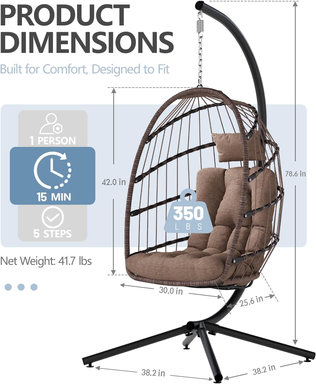 SWITTE Egg Chair Outdoor with Stand, Indoor Wicker Hanging Egg Swing Chair with Cushion, 350lbs Capacity for Patio, Bedroom, Garden - Brown-VerdiqueGarden