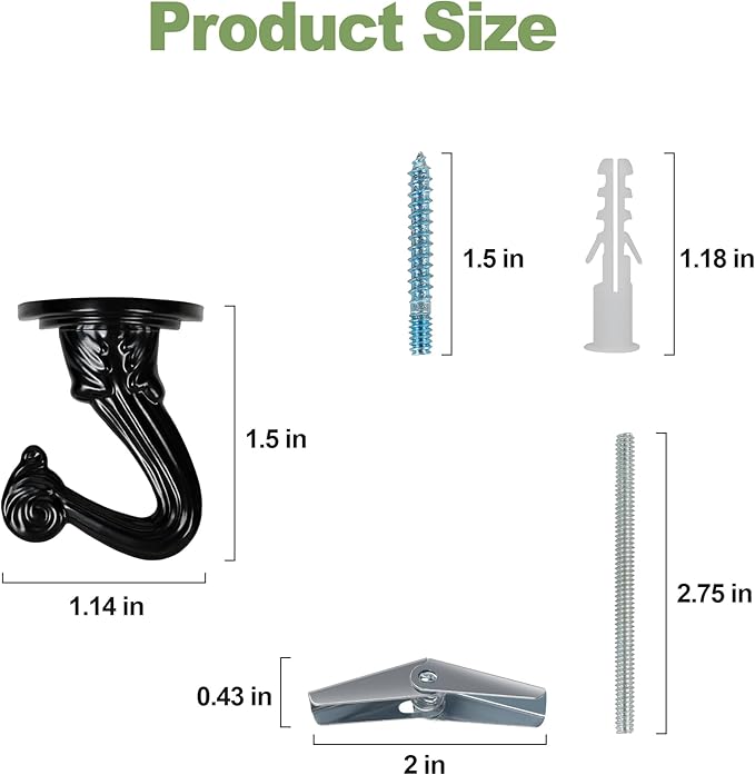 Ceiling Swag Hook Sets - Heavy Duty Hooks with Mounting Hardware for Hanging Plant, Ceiling or Extender Chains - Easy Install with Screws/Brackets (10 pcs - Black)-VerdiqueGarden