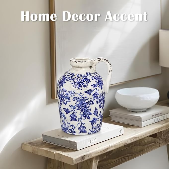 Ceramic Rustic Farmhouse Vase, 9 inch Ceramic Blue and White Vase for Centerpieces Pampas Grass Pottery Jug with Handle Boho Chinoiserie Decor Vintage Vases for Living Room Kitchen Dinner Table Shelf-VerdiqueGarden