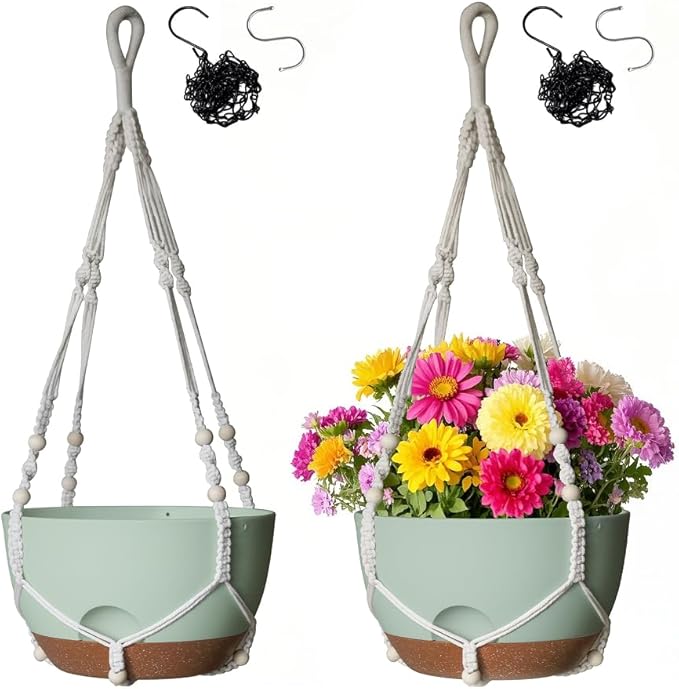 12 Inch Hanging Baskets for Plants Outdoor, Hanging Planters for Indoor Outdoor Plants, Hanging Planter with Self Watering, Hanging Flower Pots (Green Planter with Macrame + Iron Hangers)-VerdiqueGarden