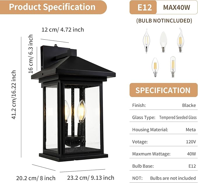 Dusk to Dawn Outdoor Wall Lantern, Exterior Wall Sconce Fixture with Tempered Clear Seeded Glass, Matte Black Finish for Outdoors (Large Wall Mount)-VerdiqueGarden