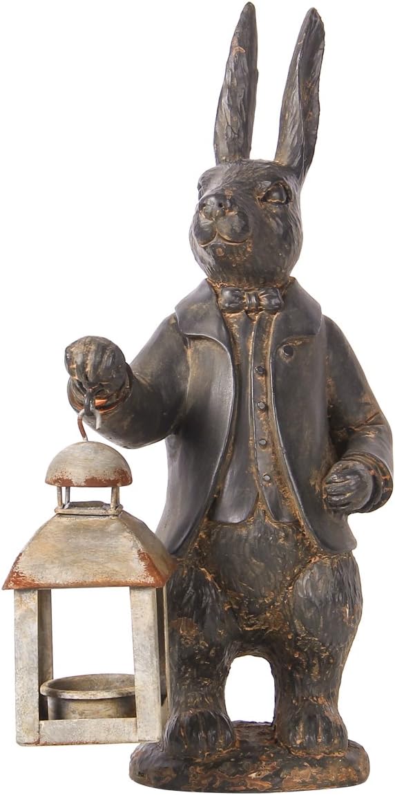 NIKKY HOME Easter Bunny Decorations, Vintage Resin Bunny Figurine with Lantern, Metal Rabbit Tealight Candle Lantern Holder Rabbit Outdoor Statues Gift for Garden Home-VerdiqueGarden