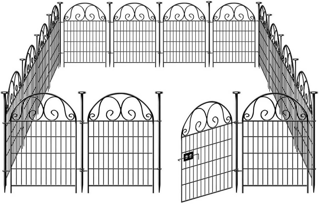 Tall Garden Animal Barrier Fence With Gate,40 in(H)×27 in(L) 12 Panels Dog Digging Fence Barrier, Black Metal Temporary Fences, Reusable Defense Fencing For Outdoor Yard. Total 26.2 Ft│Patented-VerdiqueGarden