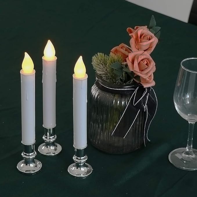 DRomance 9" Flameless Window Taper Candles Battery Operated with 8-Key Remote and Timer, 4 Pack White Christmas Holdiay Window Candles with Silver Holders, Suction Cups and AA Batteries Included-VerdiqueGarden