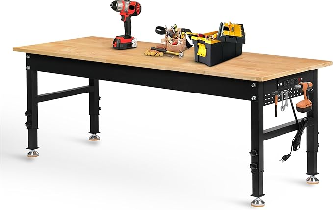 70" Adjustable Height Workbench, 2000 LBS Heavy Duty Work Table with Power Outlets & Pegboard, Rubber Wood Workstation for Garage, Workshop, Office, Home, Commercial-VerdiqueGarden
