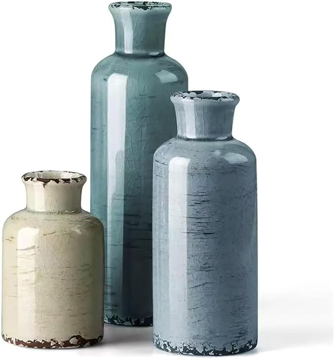 Ceramic Vase Set of 3,Small Rustic Vintage Decorative Vase for Home Decor,Modern Farmhouse Vases for Living Room,Table Shelf,Centerpieces,Fireplace and Entrance Decorative-Multicolor-VerdiqueGarden