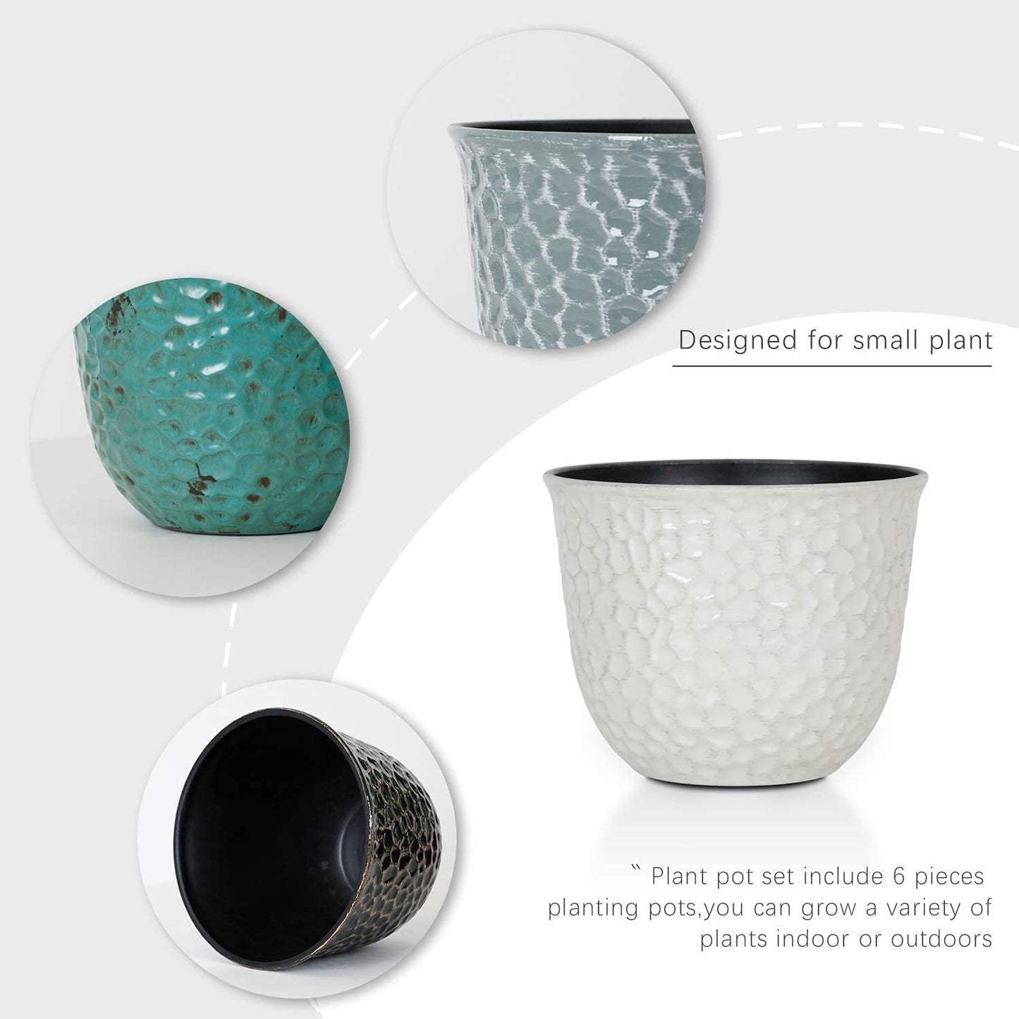 Worth Garden Plastic Round 8 Inch Planters for Indoor Plants Set of 6 Outdoor Resin Flower Pots Colorful with Drainage Hole Rubber Plug Retro Appearance Home Christmas Decorative Containers Multicolor-VerdiqueGarden