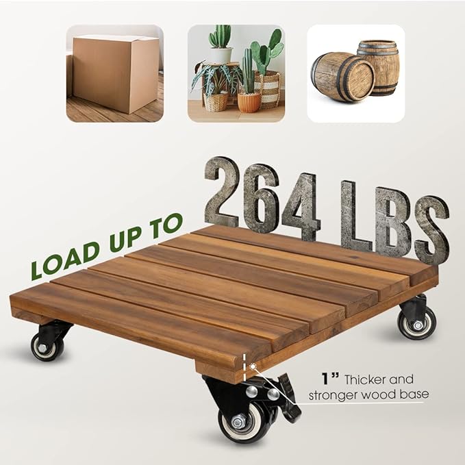 Idzo 2-Pack 12 Inch Acacia Wood Rolling Square Plant Caddy for Plant Pots, Heavy Duty Plant Stand with 360° Lockable Wheels, 264 lbs Capacity Caddy for Indoor and Outdoor Use, Natural Wood-VerdiqueGarden