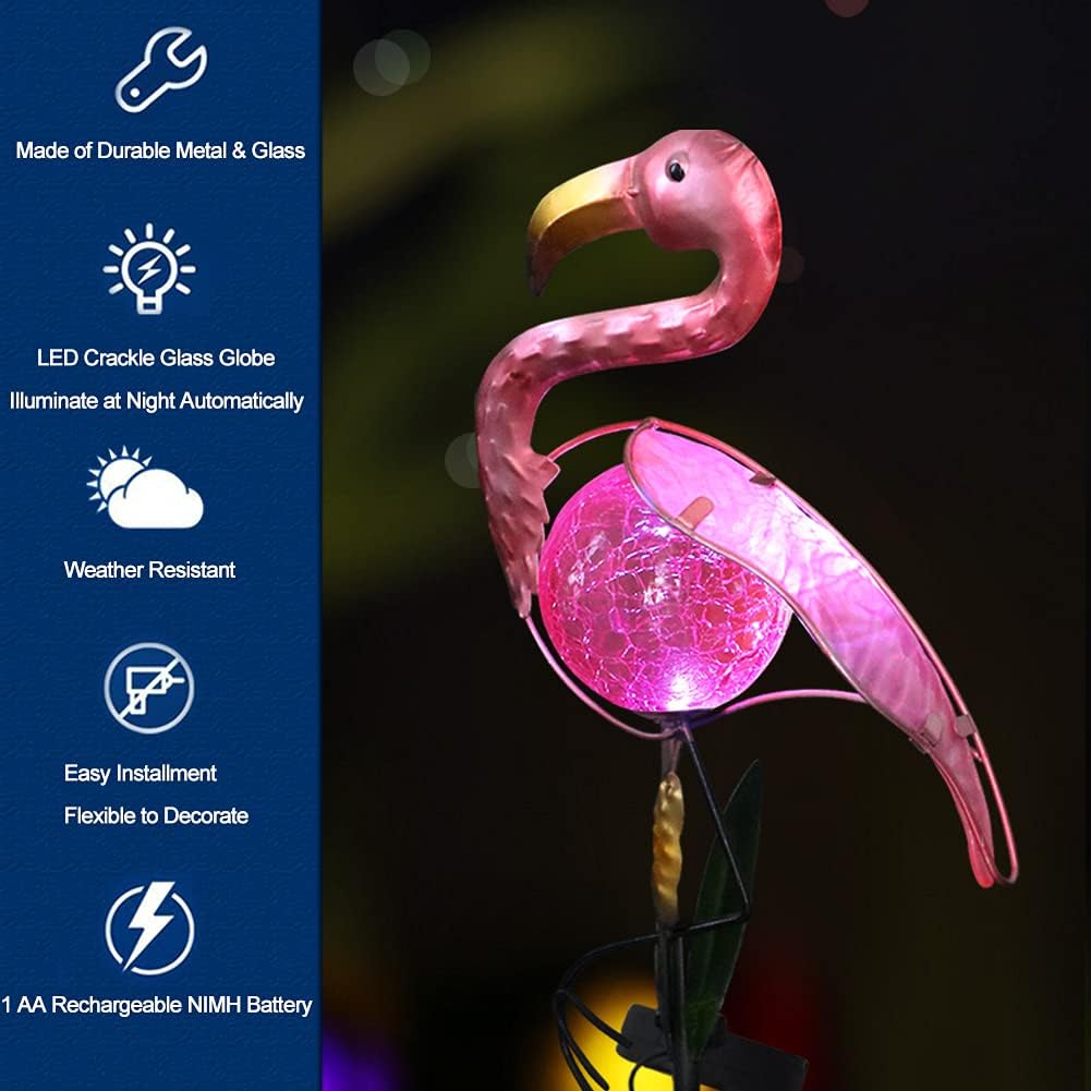 Bright Zeal 14" Big Metal Outdoor Solar Lights Waterproof Flamingo Garden LED Stake Light - Solar Pink Flamingos Yard Ornaments - Stake Lights Yard Decor Metal Yard Art-VerdiqueGarden