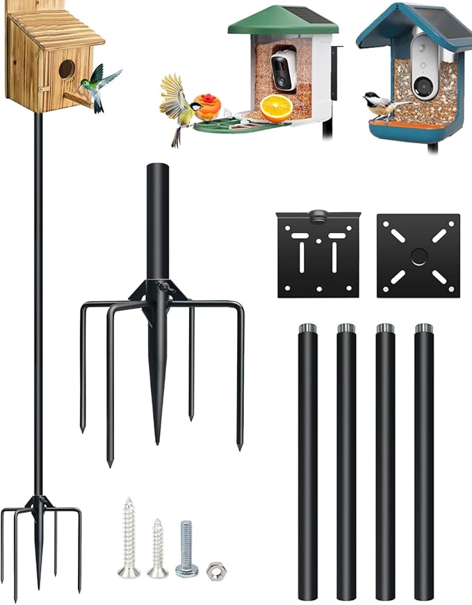 QwayHome【New Upgrade】 80In Smart Bird House Poles, 1Inch Dia Poles, Outdoor Bird Feeder Pole Mount Kit for Smart Bird Feeder & Wooden Birdhouse & Weather Station, Heavy Duty, Adjustable, 5-Prong Base-VerdiqueGarden