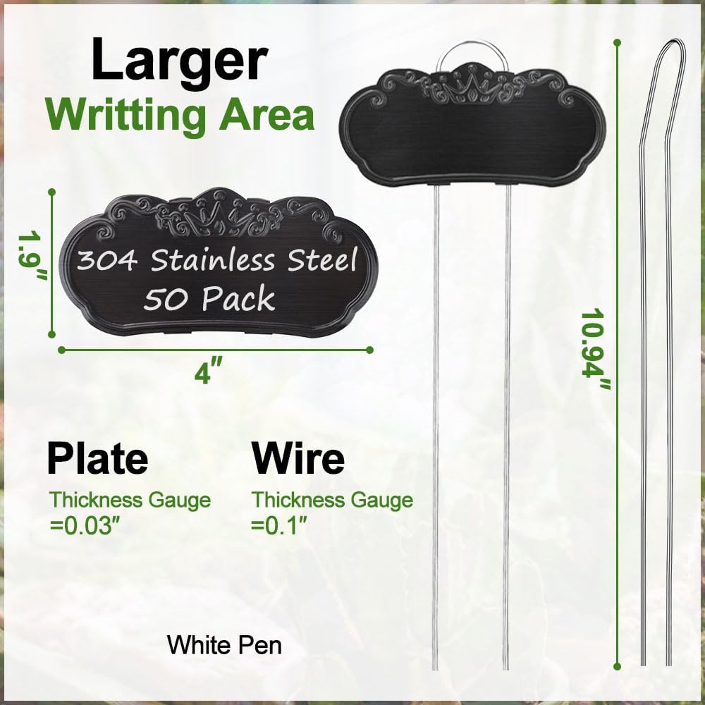 50 Packs Metal Plant Labels, Tall Outdoor Garden Markers for Flowers, Fruits and Vegetables, Weatherproof (Each 25 Pack, 4" x 1.9", Silver and Black)-VerdiqueGarden