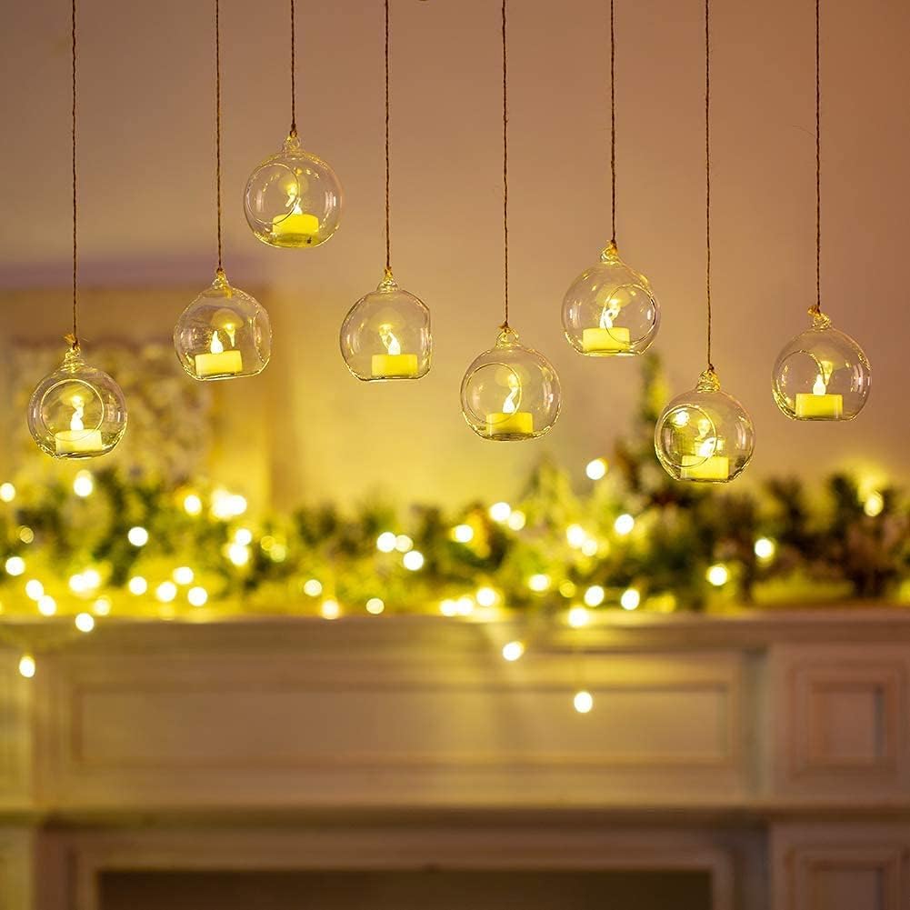 Sziqiqi Hanging Glass Globes Orbs Tea Light Candle Holders with Flameless LED Tealight for Wedding Ornaments Wedding Birthday Christmas Party Centerpiece Accessory 3.15in 12pcs-VerdiqueGarden