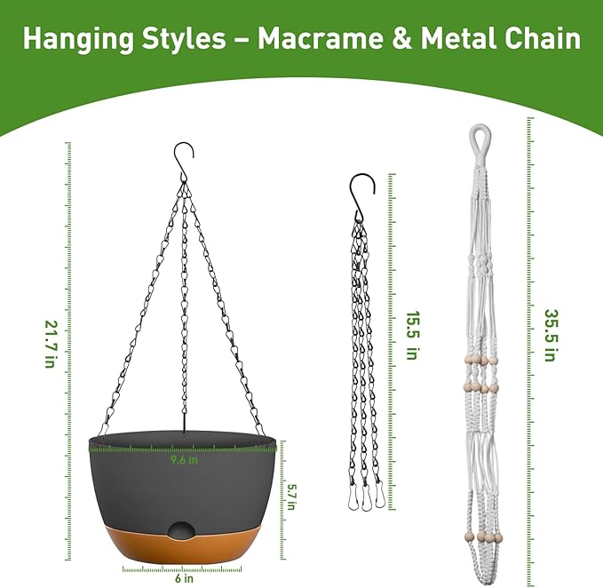 10 Inch Hanging Planters for Indoor & Outdoor Use (2 Pack) - Self-Watering & Drainage Flower Pots with Chain & Macrame Hangers (Deep Gray, 10 in)-VerdiqueGarden