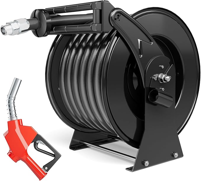 Retractable Fuel Hose Reel 1" x 50' with Fueling Nozzle, 300 PSI Heavy Duty Steel Construction Industrial Auto Swivel Spring Driven Diesel Hose Reel for Aircraft Ship Vehicle Tank Truck, Black-VerdiqueGarden