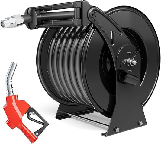 Retractable Fuel Hose Reel 1" x 50' with Fueling Nozzle, 300 PSI Heavy Duty Steel Construction Industrial Auto Swivel Spring Driven Diesel Hose Reel for Aircraft Ship Vehicle Tank Truck, Black-VerdiqueGarden