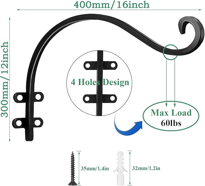 4 Pack Heavy Duty Plant Hanger Bracket, 16Inch Hanging Brackets for Plants Outdoor and Indoor, 80lbs Holding Capacity Metal Plant Wall Hooks, Black Hanging Plant Brackets for Flower Wind Bird Feeder-VerdiqueGarden