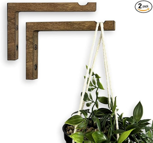 2-Piece Set of Plant Hooks for Wall 6 Inch - L-Shaped Mounted Wooden Plant Hook - Indoor and Outdoor Bracket Plant Hanger for Planters, Lanterns, Bird Feeders and Plant Basket (Walnut)-VerdiqueGarden