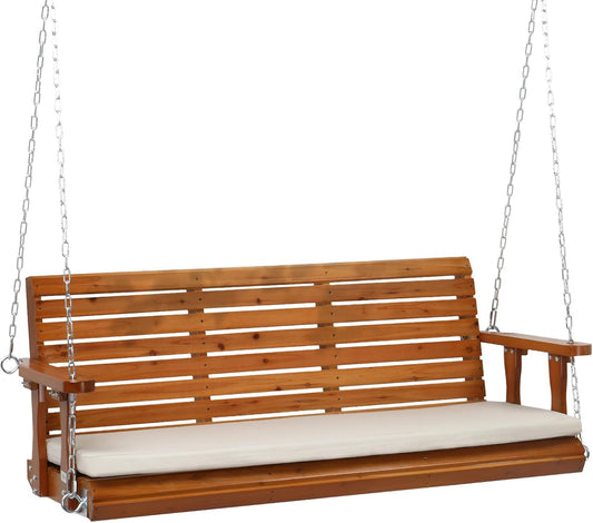 VINGLI Heavy Duty 880 LBS Patio Wooden Porch Swing Outdoor with Extra Cushion, Farmhouse Hanging Bench Tree Swing with Adjustable Chains for Yard | Garden | Lawn | Balcony (5 FT, Brown)-VerdiqueGarden