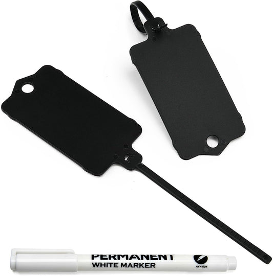 100pcs Blank Plastic Tags for Labeling Reusable Hanging Tags Ties Key Tag Storage Tag Waterproof Plastic Mark Label Writable Hang Sign with One Marker Pen (Black)-VerdiqueGarden