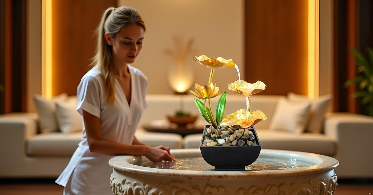Gold Tabletop Water Fountain, Desktop Waterfall, Indoor Lotus Desktop Decorative Fountain, Home Bathroom Bedroom Decor.-VerdiqueGarden