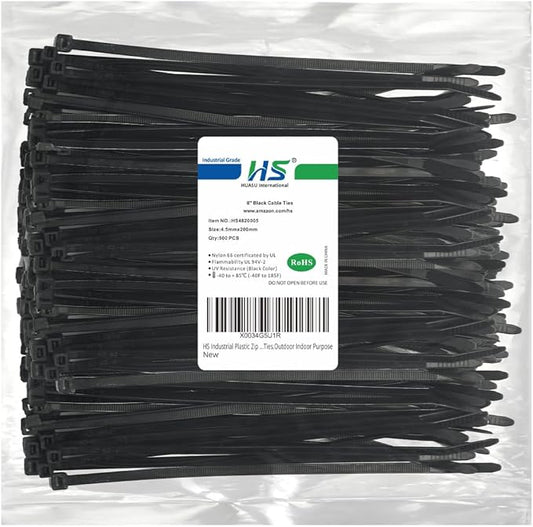 HS Strong Fuel Hose Zip Ties 8 Inch x 3/16" (Bulk-500 Count) UV Black Cable Ties 50 Pounds Heavy Duty Self-Locking Strap Ties for Automotive,Outdoor Fence Purpose