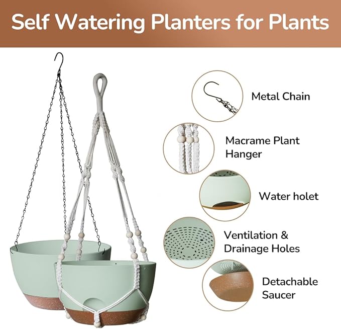 12 Inch Hanging Baskets for Plants Outdoor, Hanging Planters for Indoor Outdoor Plants, Hanging Planter with Self Watering, Hanging Flower Pots (Green Planter with Macrame + Iron Hangers)-VerdiqueGarden