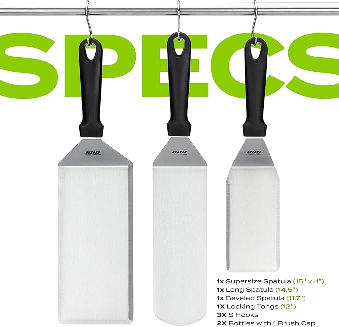 Griddle Accessories Kit for Blackstone and Camp Chef - 6 Pieces Griddle Spatula Set with 4x8 Inches Supersize Griddle Flipper, Turner, Metal Spatulas, Bottles & Hooks for Hibachi Grilling-VerdiqueGarden