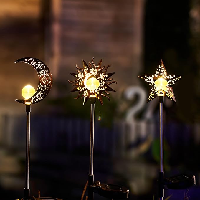 Tryme Solar Lights Outdoor Garden Decorations Sun Moon Star Stake Light Decorative Waterproof Warm White LED Yard Decor for Pathway Lawn Patio Courtyard Backyard-VerdiqueGarden