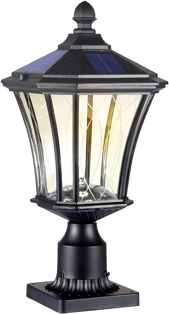 Solar Post Lights Dusk to Dawn Outdoor Solar Lamps with Pier Mount Base, Waterproof Exterior Pole Lights Head with Patterned Glass, Pillar Light for Outside House, Driveway, Black-VerdiqueGarden