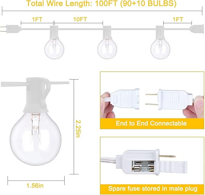 100Ft G40 Outdoor String Lights Patio Lights with 100 Edison Globe Bulbs, Connectable Outdoor String Lights Waterproof UL Listed for Indoor Porch Party Wedding Deck Balcony Wedding Party Decor- White-VerdiqueGarden