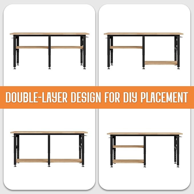 Albott 84" Adjustable 2-Tier Workbench with Solid Wood Top, Max 2000lbs Capacity, Built-in Power Strip with 4 AC Outlets & 2 USB Ports, Pegboard & 20 Hooks, Shop Garage Office-VerdiqueGarden