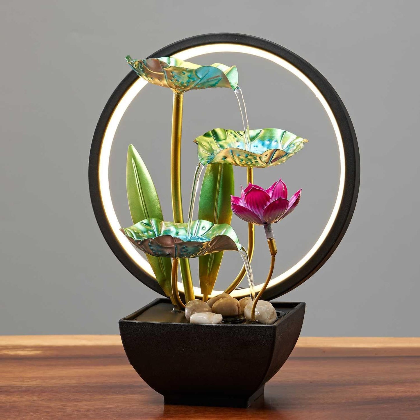 Indoor Tabletop Tiered Water Fountain 3 Level Tabletop Waterfall Meditation Fountain Includes Many Natural River Rocks LED Lights Relaxing Small Water Feature for Desk or Home Decor-VerdiqueGarden