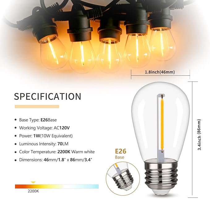 S14 Replacement LED Light Bulbs, Shatterproof & Waterproof 1W S14 LED Bulbs, Outdoor String Lights , E26 Base Patio Edison LED Light Bulbs, Warm White 2200K Plastic 70ML Non-Dimmable 25 Pack-VerdiqueGarden