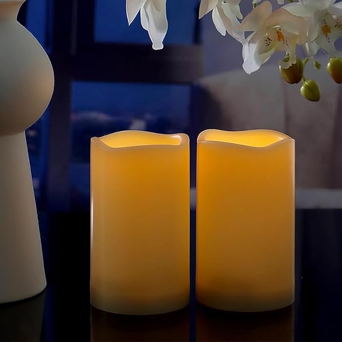 2 Pack 5'' Outdoor Battery Operated Candles with Timer Flameless LED Flickering Candles Waterproof Electric Pillar Decorative Candle for Wedding Party Home Lantern Garden-VerdiqueGarden