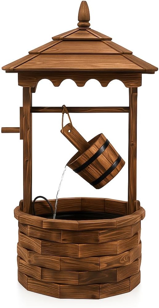 Tangkula Outdoor Wishing Well Water Fountain, Old-Fashioned Wood Waterfall Fountain w/Bucket Pump, Rustic Farmhouse Decoration for Garden, Backyard, 46 Inch Tall (22.5" x 22.5" x 48.5")-VerdiqueGarden